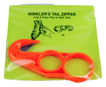 Green-packaged Winkler's Tail Zipper with an illustration of its tail-splitting use.