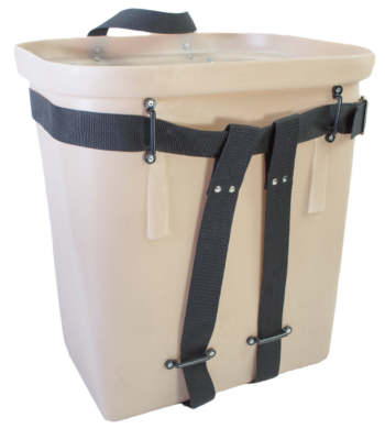 18" Fiber Tuff beige plastic basket with black adjustable straps and top handle.