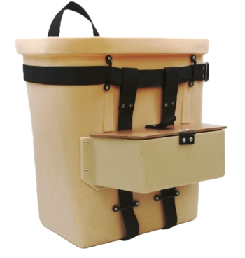 A beige 18" Fiber Tuff Pack Basket with black straps and a side attached lure pouch for carrying.