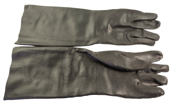 Two 18" Trapper's Waterproof Gauntlets in black rubber are laid flat side by side on a white background.