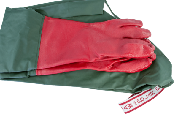 Polar Paws 31-Inch Gauntlet placed on a folded green apron with a white strap.