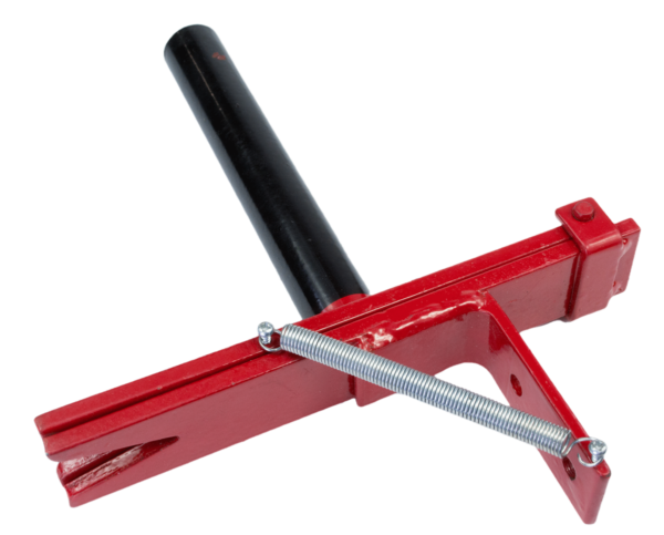 Red metal bracket with black handle and spring, perfect as a Bench Mount Tail Puller.