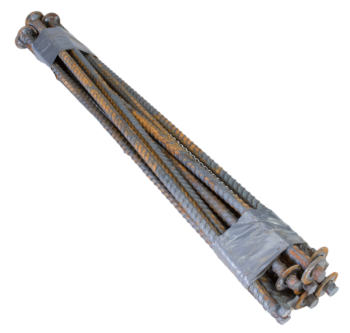 18" x 3/8" Rebar Trap Stakes, rusted and bundled with gray duct tape, feature circular caps on a white background.