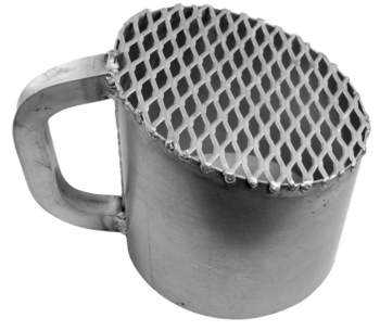 Texas Tea Cup Dirt Sifter with grid top and handle, shown at an angle.