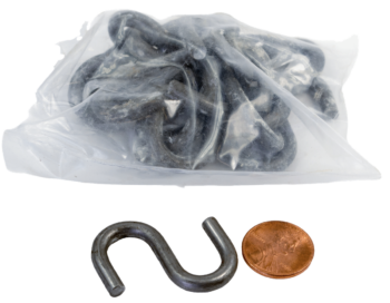 A bag of Mighty Hooks with one hook outside, shown next to a penny for scale.