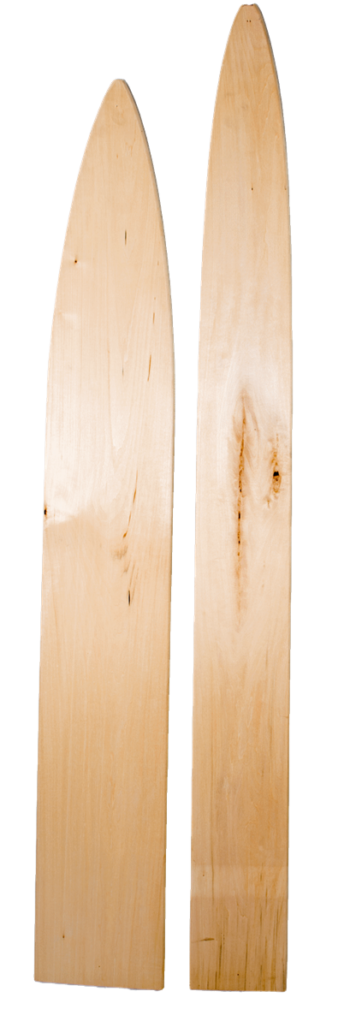 Two Basswood Raccoon Stretchers with pointed tops and natural grain patterns stand side by side against a white background.