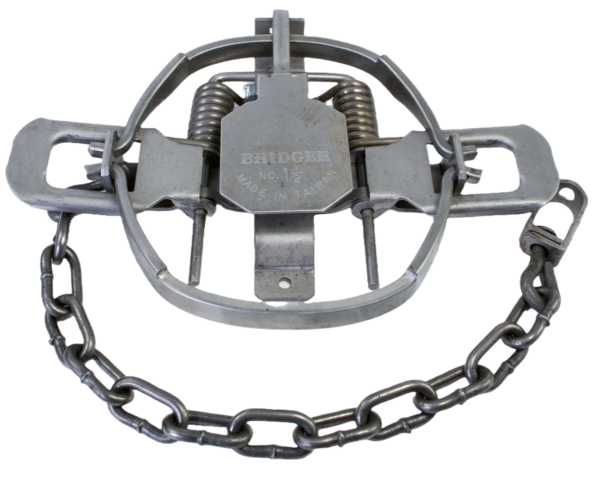 Bridger #1-1/2 Offset Jaw Coil Spring Trap with chain, labeled "Bridger No. 1.