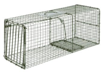 The Duke Cage Trap Model 1112 is a rectangular metal wire trap with a top handle and front door mechanism.