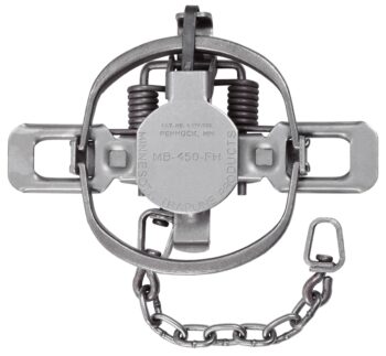 MB 450 FH Coil Spring Trap with chain and engraved text from Minnesota Trapline Products.