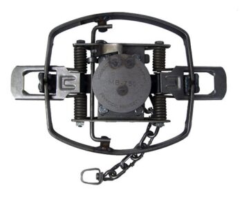 The MB750 Beaver Trap features a central spring, two jaws, and a chain with hook.