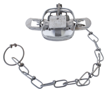 The Wolf Creek #1 Double Jaw Eliminator Trap features a spring mechanism and long chain on a white background.