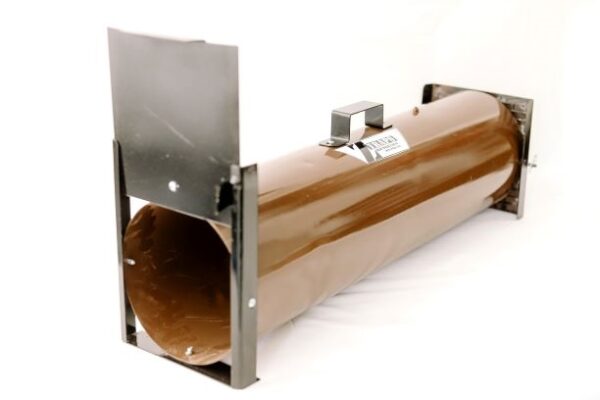 ZTrap's Skunk-N-More spray-proof tube trap, brown and black with handle and flat end plates, isolated on white background.