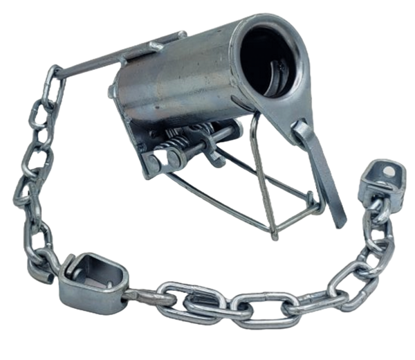 The WCP Diablo Dog Proof Trap by Murrays is a cylindrical trap with a chain for raccoons.